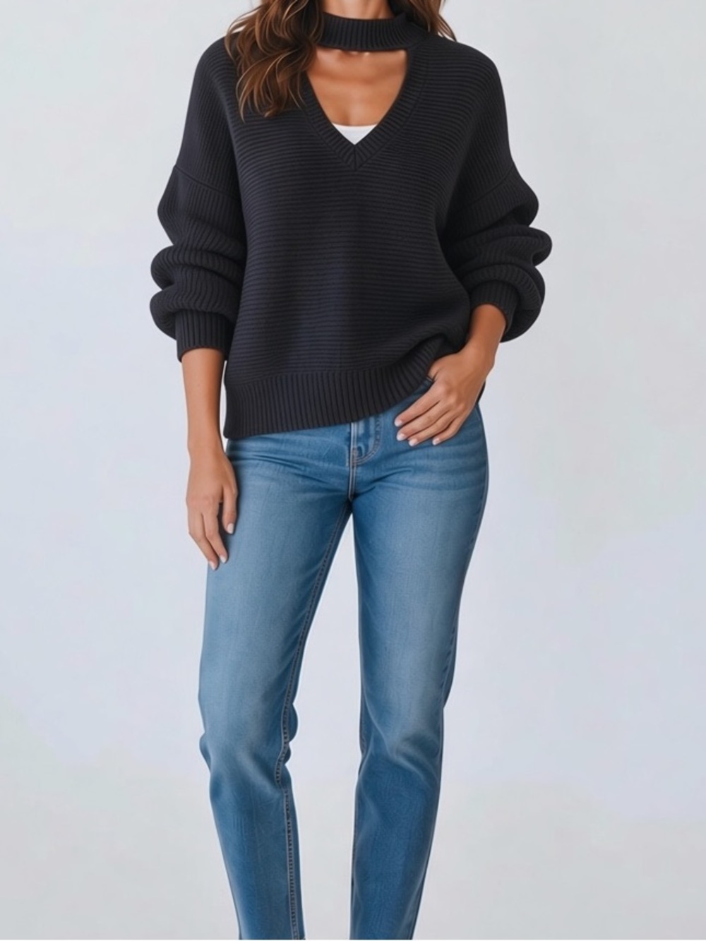 Zara Black Ribbed Cut Out Choker Oversized Sweater Knit Size Small